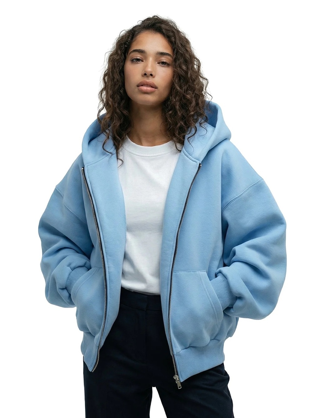 Relaxed Light Blue Zip-Front Hoodie with Kangaroo Pockets